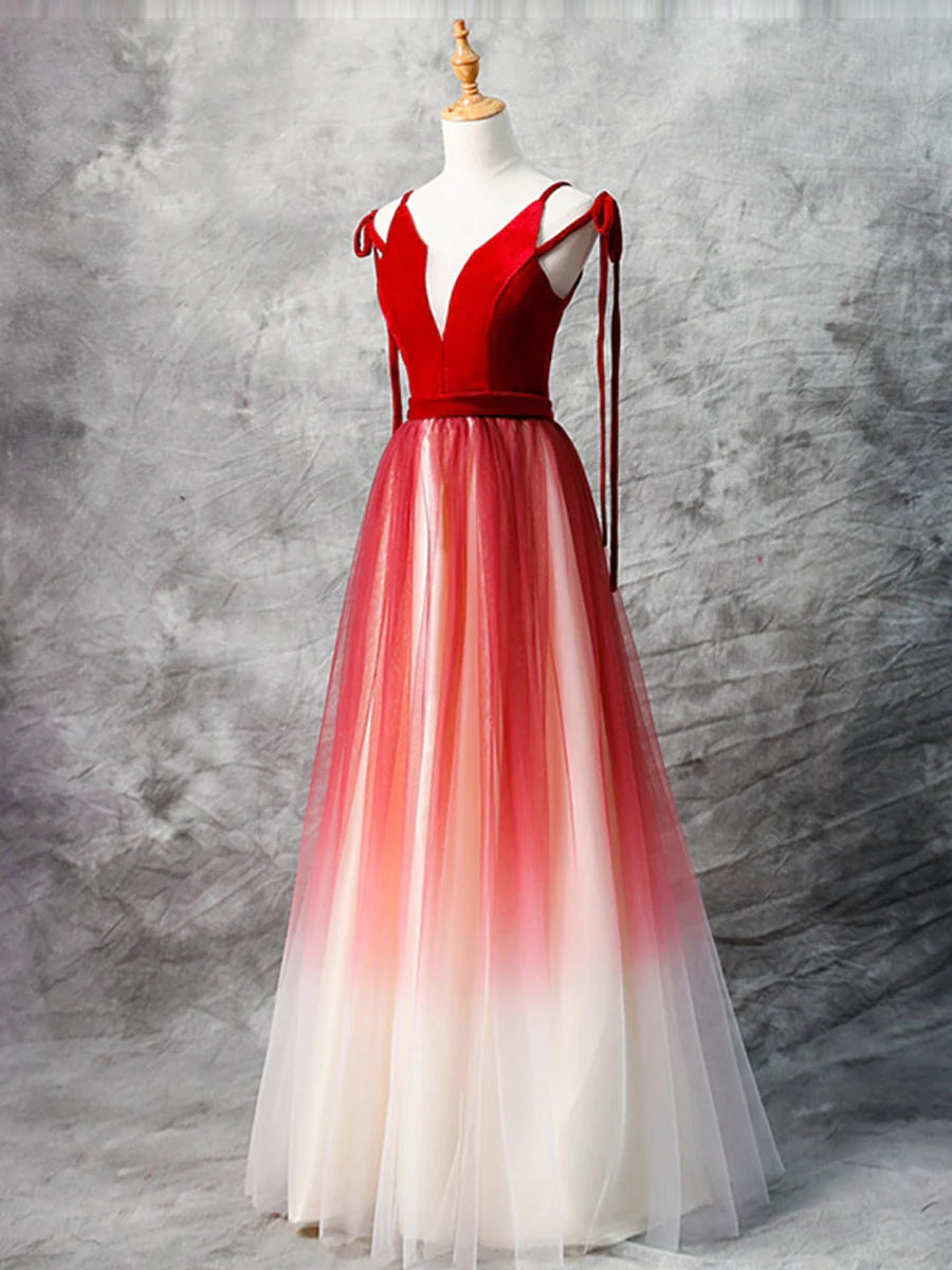 Buyishang A-Line Red Velvet Tulle Long Prom Dress Red Formal Dress