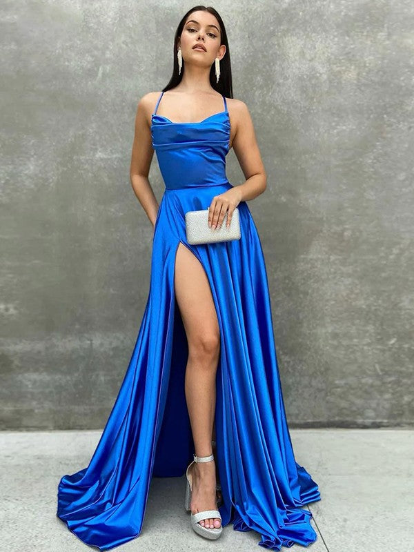 A-Line/Princess  Woven Satin Ruched Spaghetti Straps Sleeveless Sweep/Brush Train Dresses