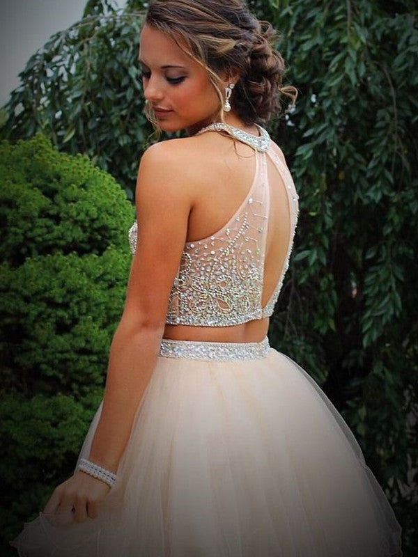 A-Line/Princess Scoop Beading Sleeveless Short/Mini Tulle Two Piece Dresses/Homecoming dresses