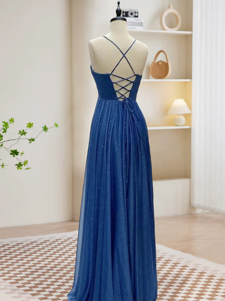 Buyishang A-Line Sweetheart Neck Blue Long Prom Dress Backless Blue Long Evening Dress