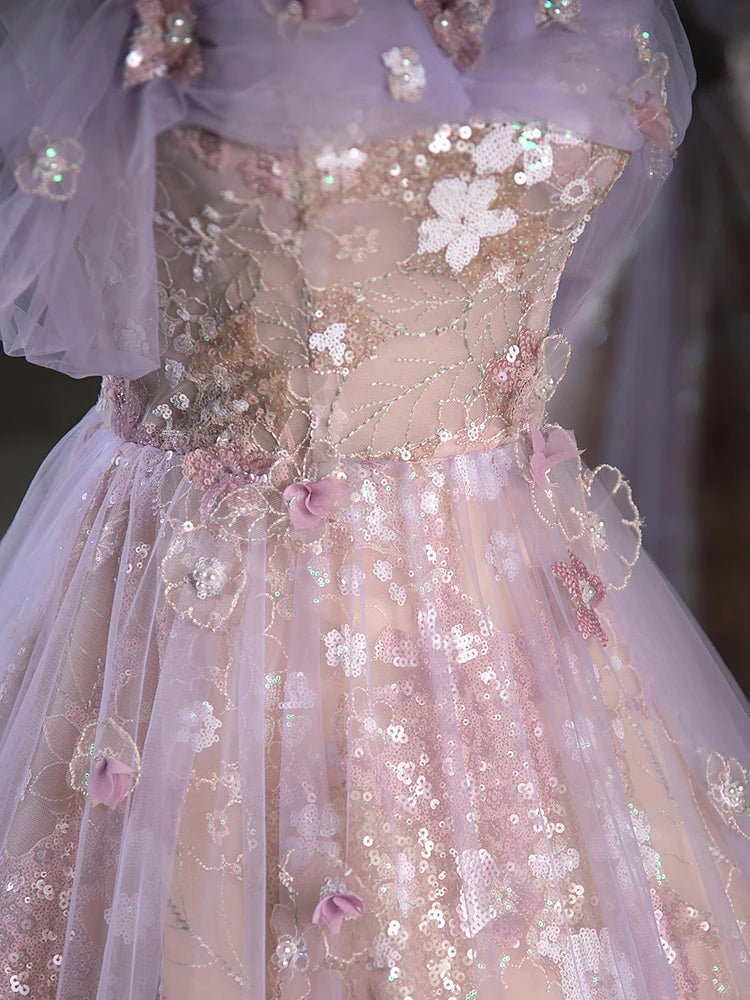 Buyishang A-Line Off Shoulder Tulle Lace Purple Long Prom Dress Purple Formal Dress