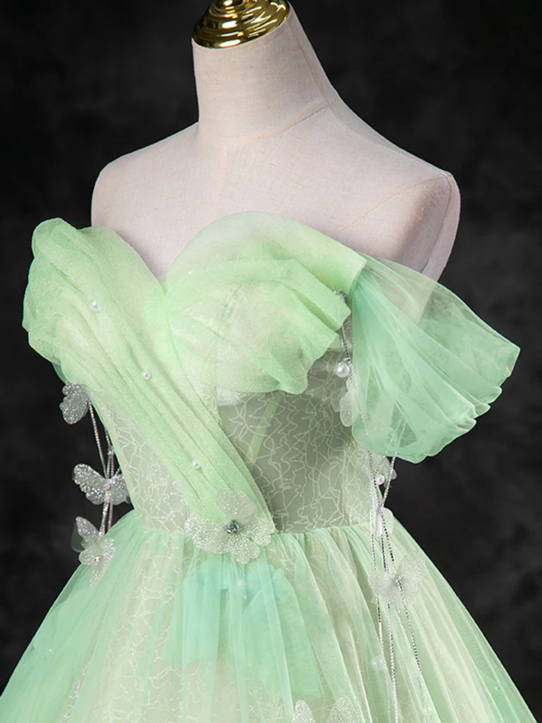 Buyishang Green A-Line Off Shoulder Tulle Long Prom Dress Green Long Formal Dress