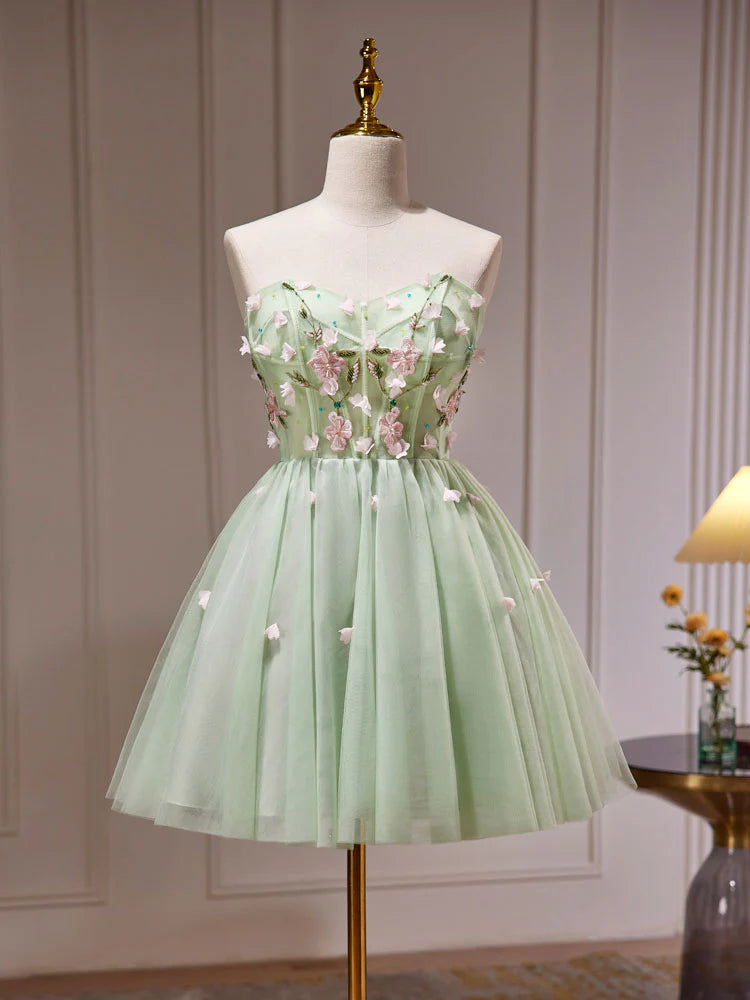 Buyishang A- Line Sweetheart Neck Tulle Green Short Prom Dress Green Homecoming Dresses