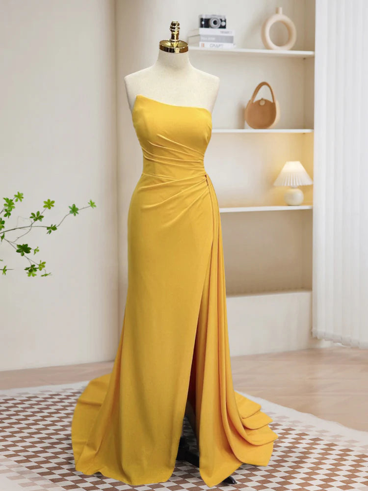 Buyishang Simple Yellow Satin Long Prom Dress Yellow Formal Dress