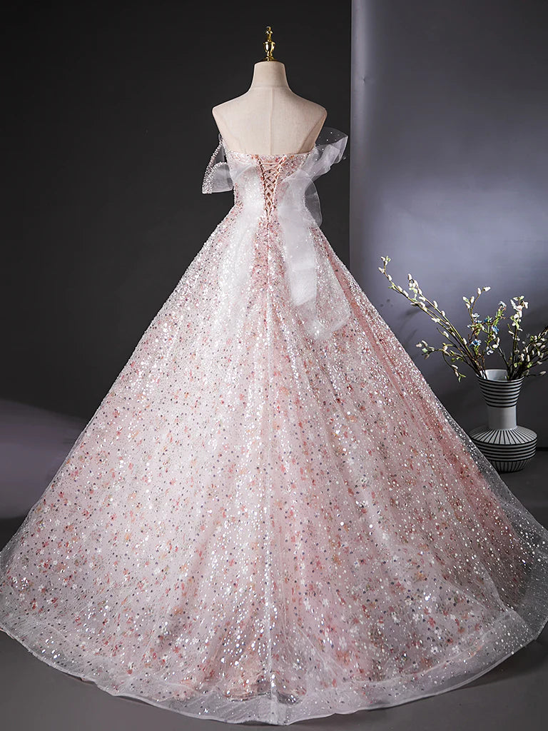 Buyishang A-Line Tulle Lace Sequin Pink Long Prom Dress Pink Long Evening Dress