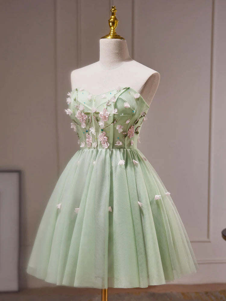Buyishang A- Line Sweetheart Neck Tulle Green Short Prom Dress Green Homecoming Dresses