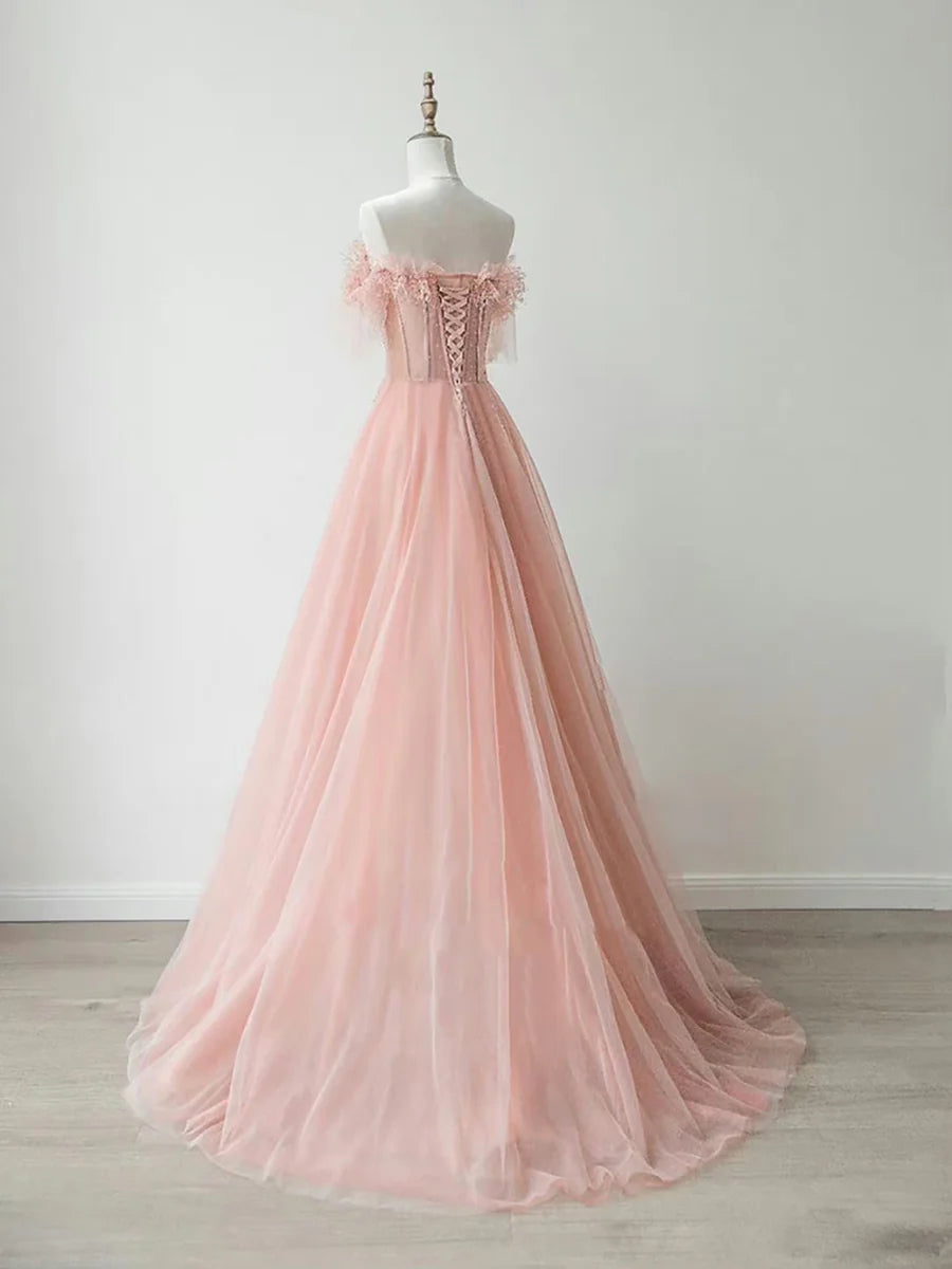 Buyishang A-Line Sweetheart Neck Tulle Lace Pink Long Prom Dress Pink Formal Dress