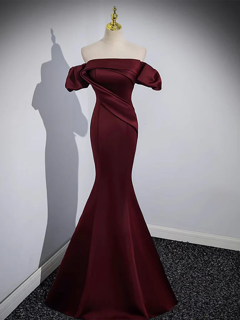 Buyishang Mermaid off Shoulder Satin Burgundy Long Prom Dress Burgundy Formal Dress