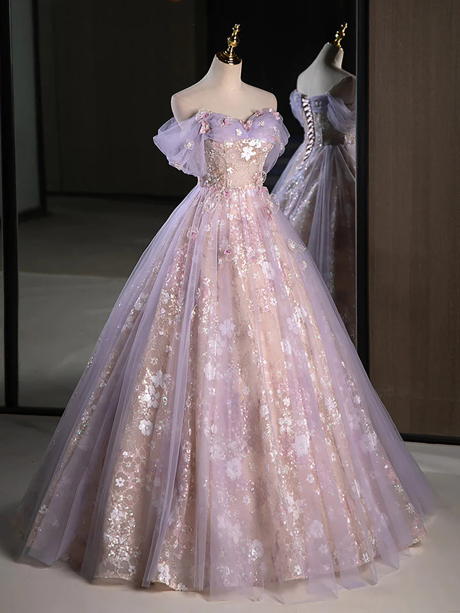Buyishang A-Line Off Shoulder Tulle Lace Purple Long Prom Dress Purple Formal Dress