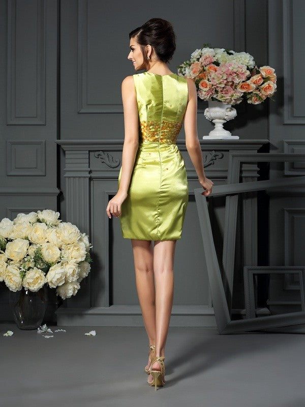 Sheath/Column Scoop Beading Sleeveless Short Silk like Satin Mother of the Bride Dresses