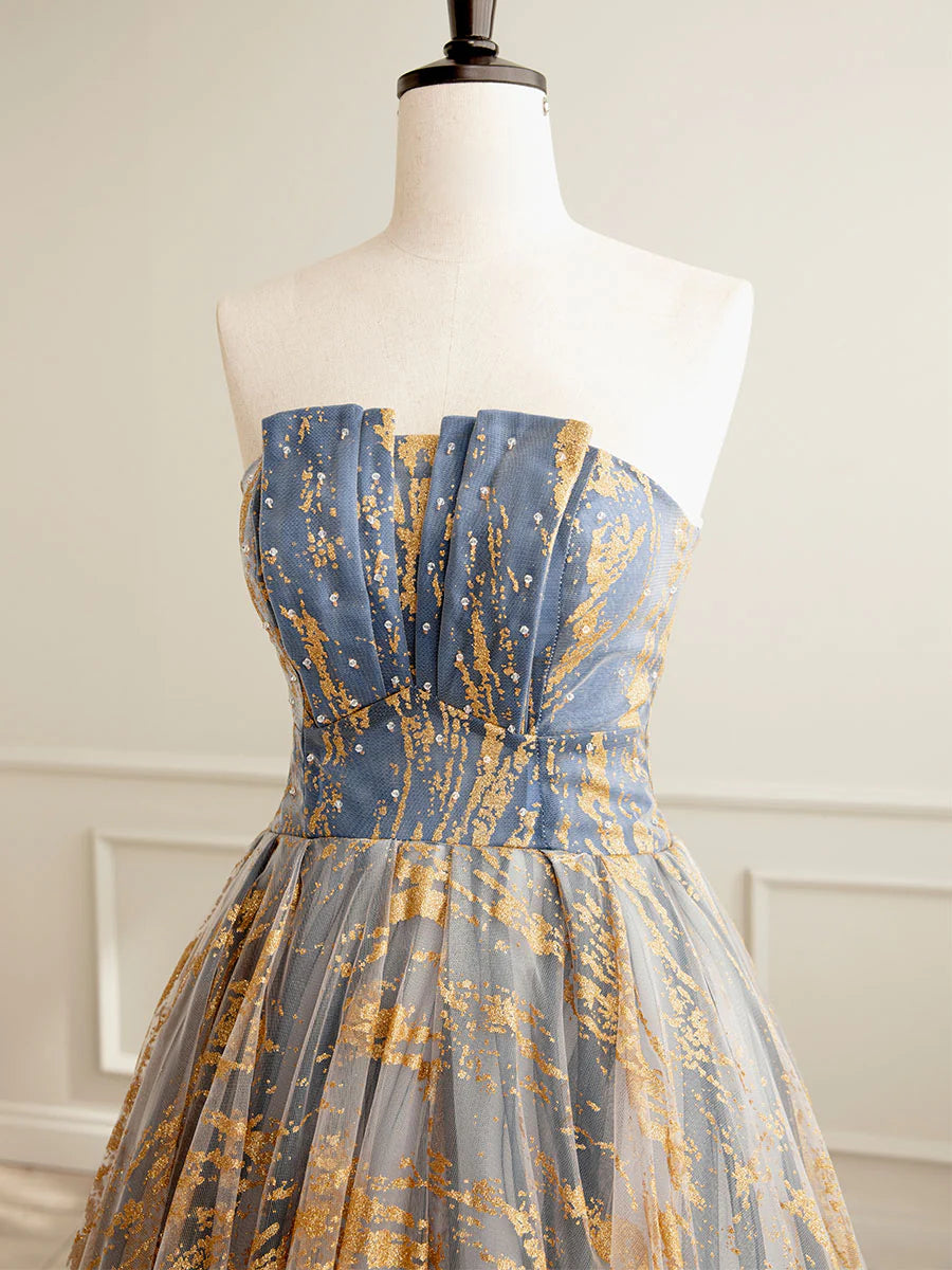 Buyishang A-Line Gold/Blue Lace Short Prom Dress Cute Homecoming Dress with Beading