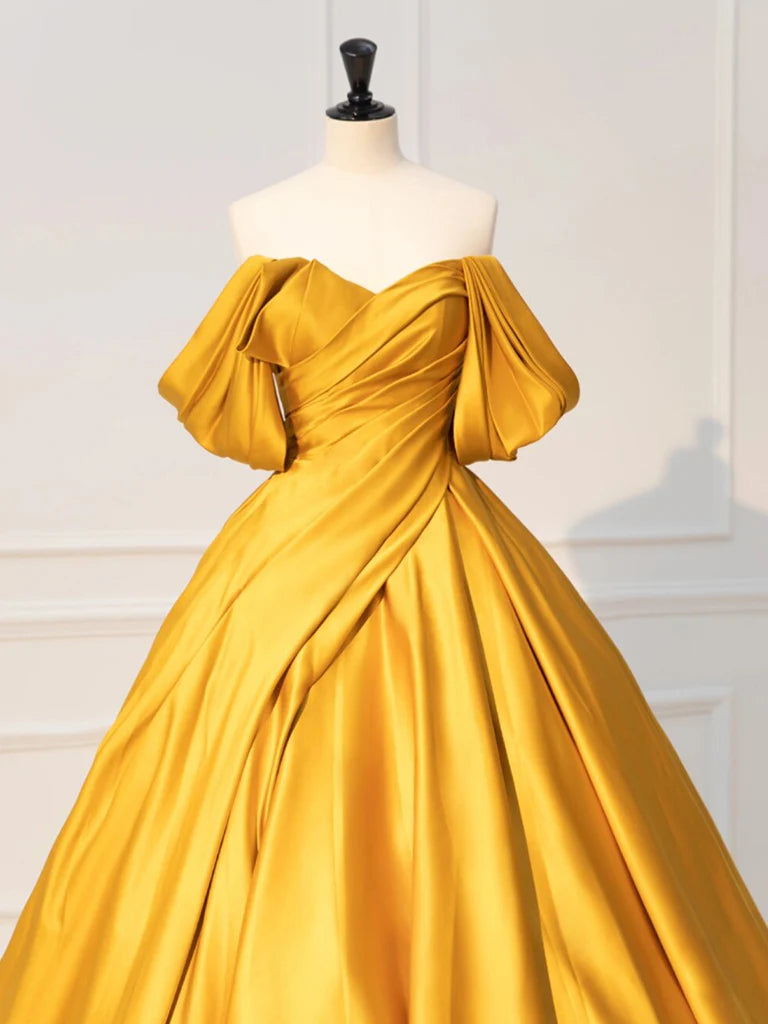 Buyishang A-Line Off Shoulder Yellow Long Prom Dress Yellow Satin Long Evening Dress