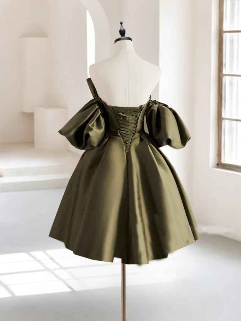 Buyishang A-Line Puff Sleeves Olive Green Satin Short Prom Dress Olive Green Homecoming Dress