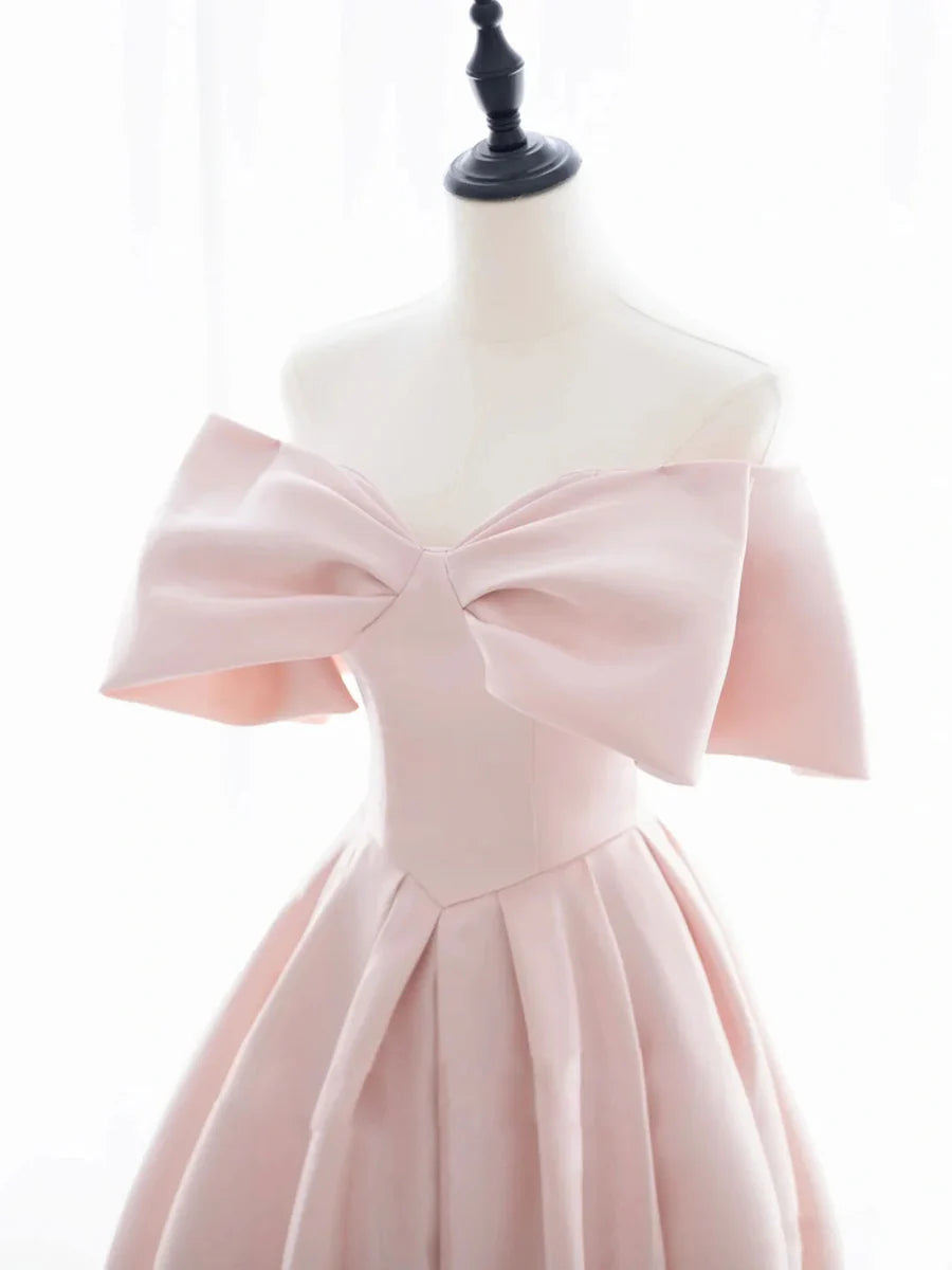 Buyishang A-Line Off Shoulder Satin Pink Short Prom Dress Pink Homecoming Dress