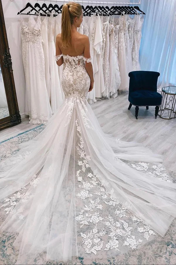 Buyishang Ivory Off the Shoulder Long Lace Mermaid Wedding Dress