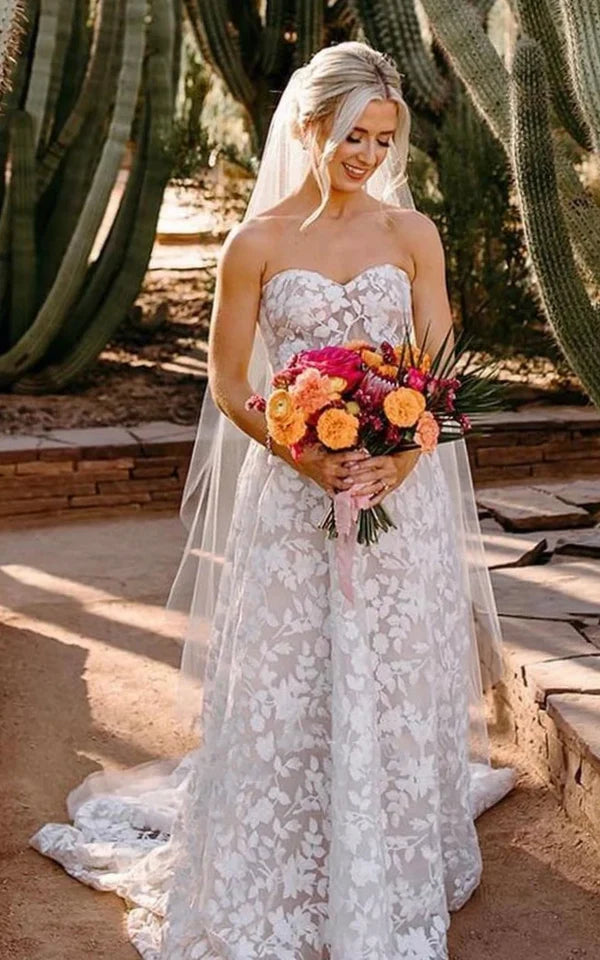 Buyishang Bohemian A-Line Sweetheart Garden Lace Wedding Dress With Open Back And Appliques