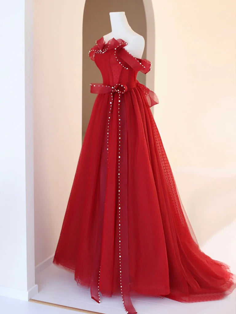 Buyishang Burgundy A-Line Tulle Long Prom Dress Burgundy Tulle Formal Dress