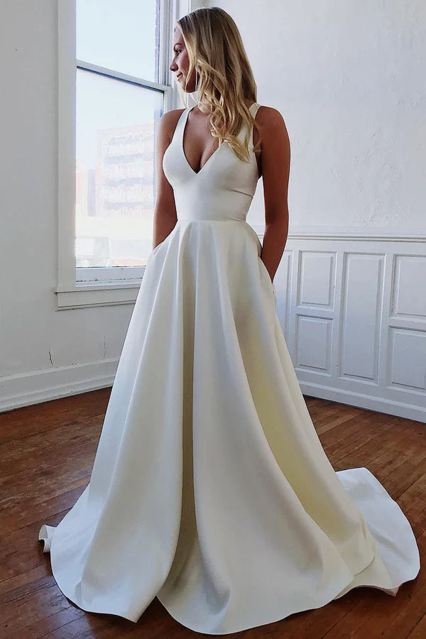 Buyishang A-Line V-Neck White Long Wedding Dress with Bow-Knot