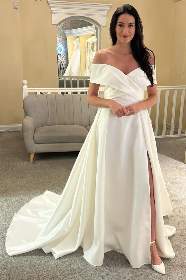 Buyishang Satin White Off-the-Shoulder Long Wedding Dress with Slit