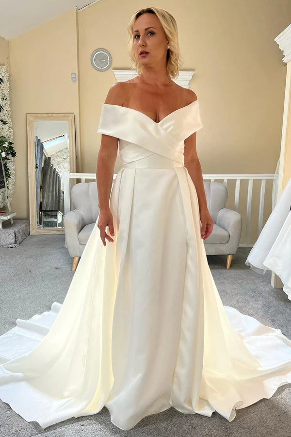 Buyishang Satin White Off-the-Shoulder Long Wedding Dress with Slit