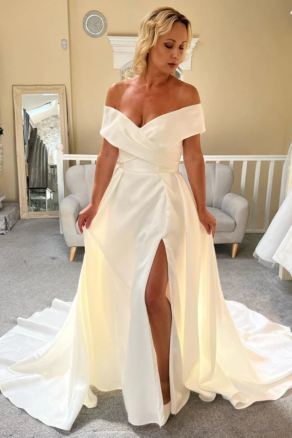 Buyishang Satin White Off-the-Shoulder Long Wedding Dress with Slit