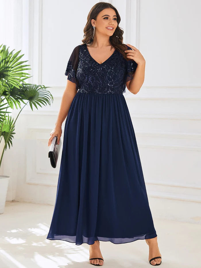 Plus Size V-Neck Short Sleeve Sequin Bodice Mother of the Bride Dress/Prom Dresses