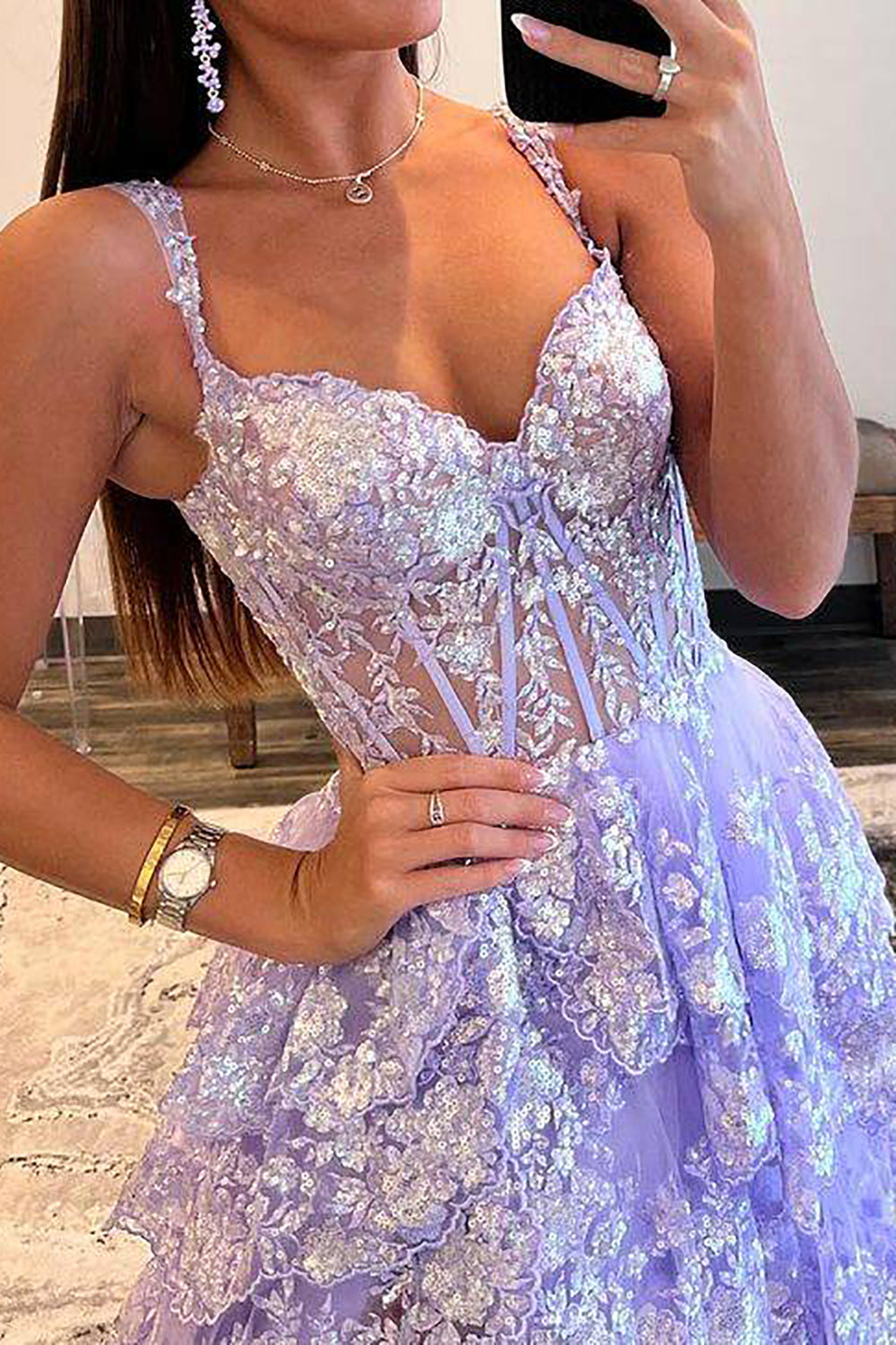 Gorgeous A Line Sweetheart Light Purple Corset Prom Dress with Ruffles