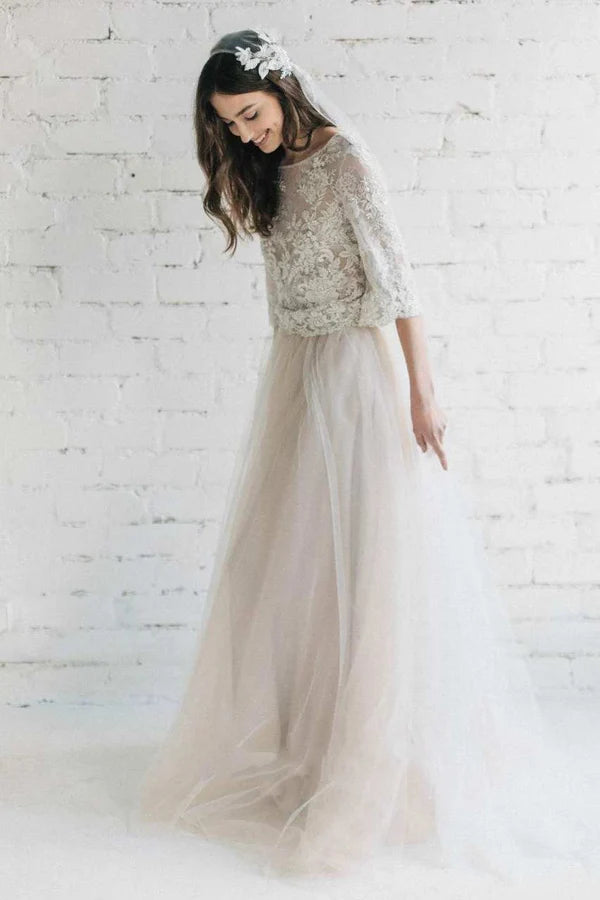 Buyishang Bateau Lace Half Sleeve A-Line Tulle Dress With Low-V Back