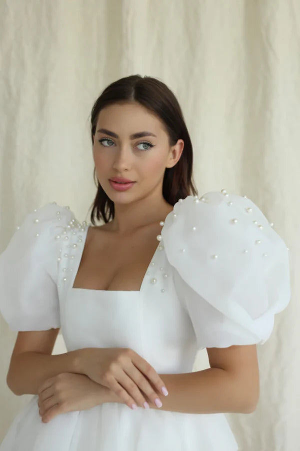 Buyishang A-Line Square-Neck Short Wedding Dress With Puffy Pearls Sleeves