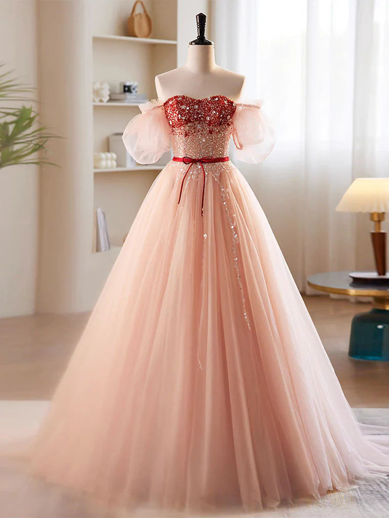 Buyishang A-Line Sweetheart Neck Sequin Tulle Pink Long Prom Dress Pink Formal Dress