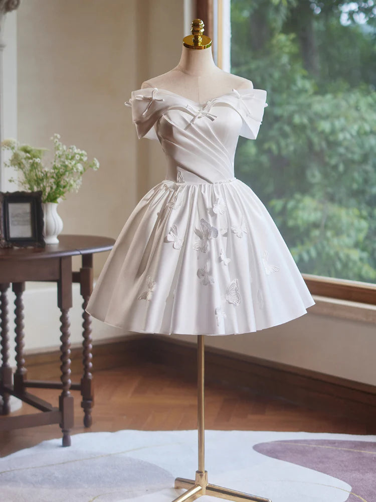 Buyishang Off Shoulder A-Line Satin White Short Prom Dress with Butterfly Applique