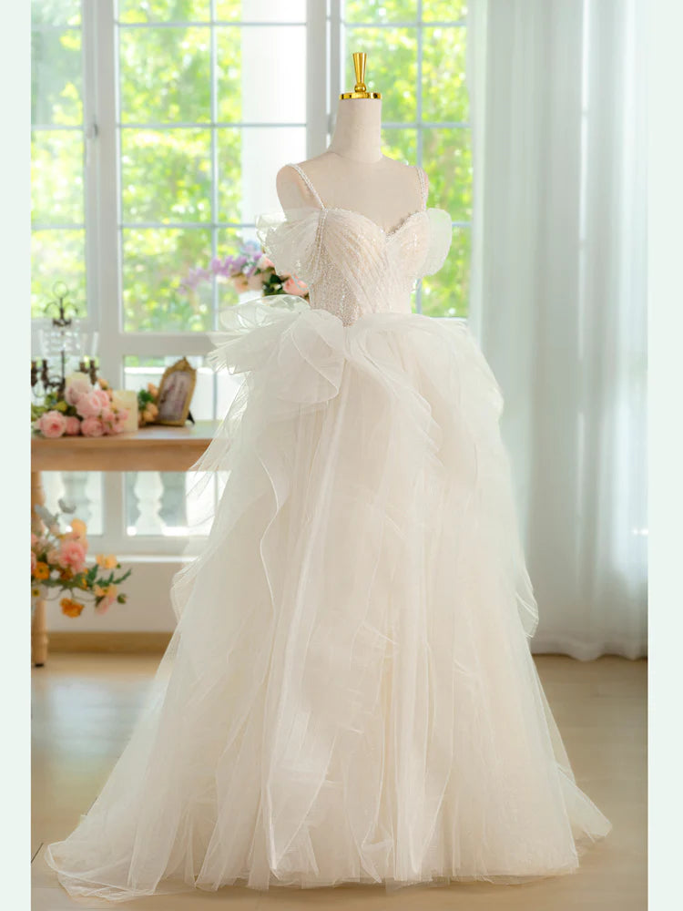 Buyishang Sweetheart Neck Tulle Beads Light Champagne Long Prom Dress Light Champagne Formal Dress