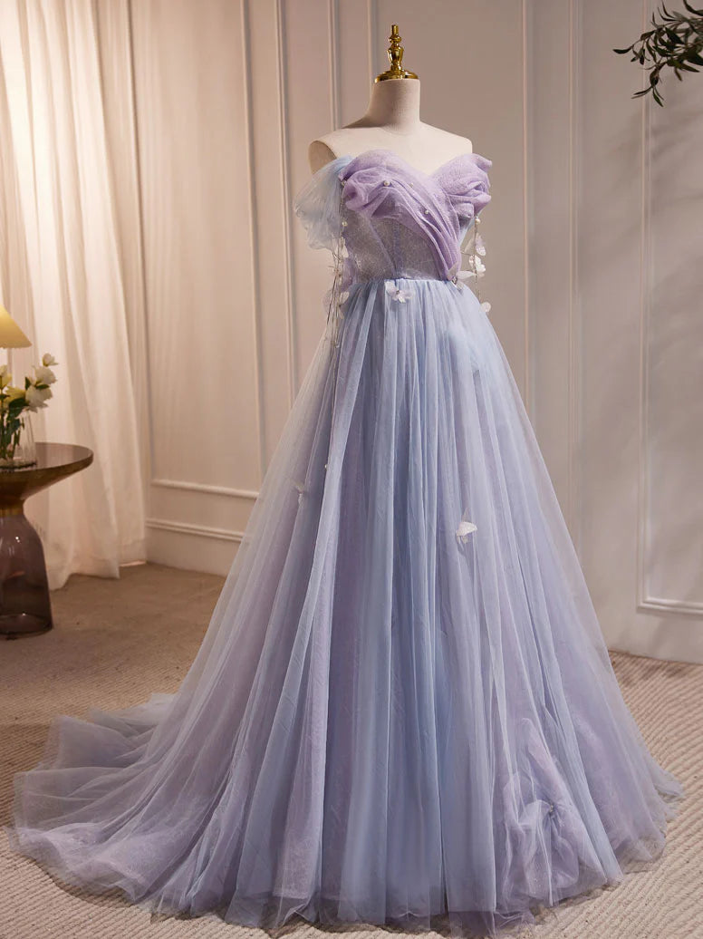 Buyishang A-Line Sweetheart Neck Tulle Purple Long Prom Dress Purple Formal Dress