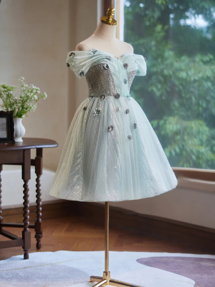 Buyishang A-Line Off Shoulder Tulle Short Prom Dress Green Homecoming Dress