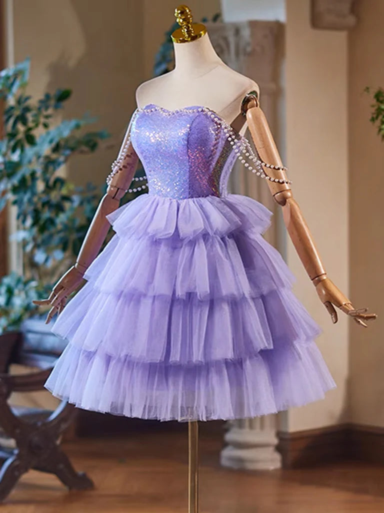Buyishang A-Line Tulle Sequin Purple Short Prom Dress Purple Homecoming Dress