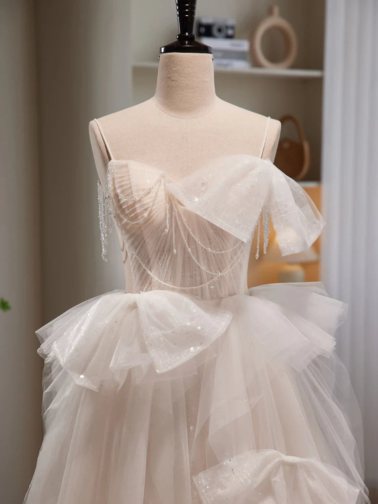 Buyishang Light Champagne Tulle Beading Long Prom Dress Light Champagne Formal Dress