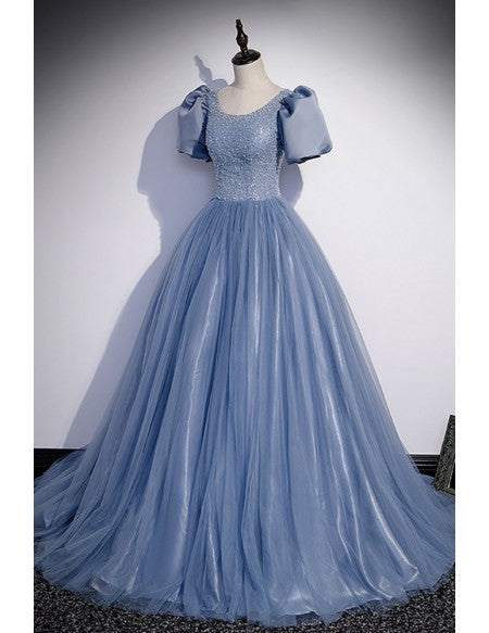 Princess Blue Ballgown Long Tulle Prom Dress with Sequined Top