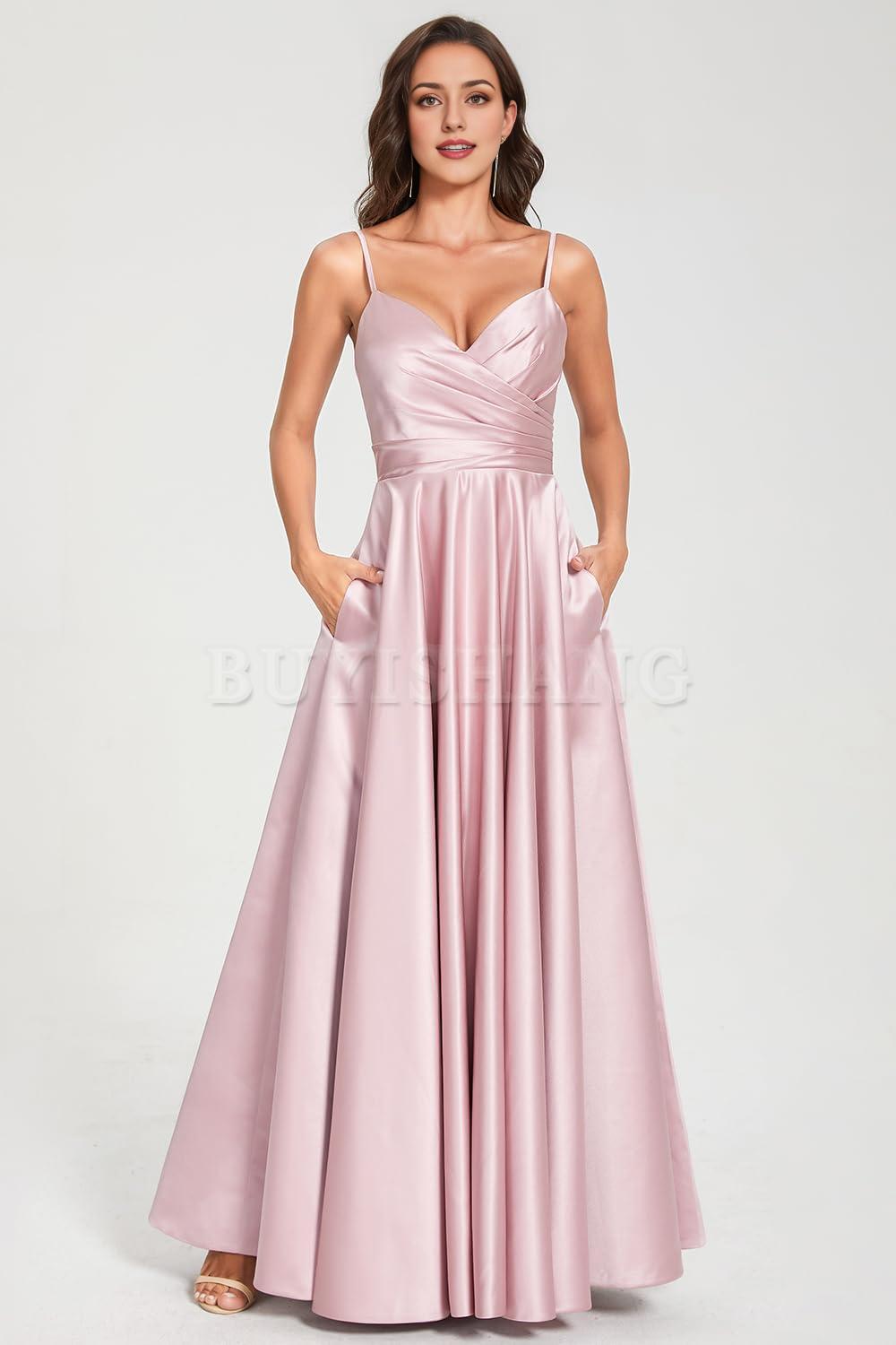 Buyishang Spaghetti V Neck Prom Dresses for Women Long Ball Gown Ruched Satin Evening Party Gown