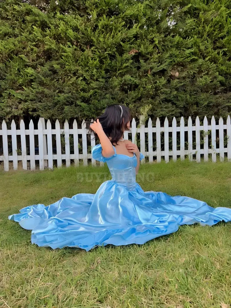 Buyishang Baby blue corset dress with ruffles on the sides/baby blue long princess dress/party wedding prom graduation halloween dress