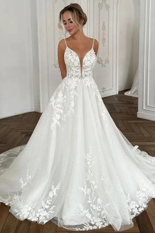 Buyishang Charming A Line V Neck Tulle Long Wedding Dresses with Appliques