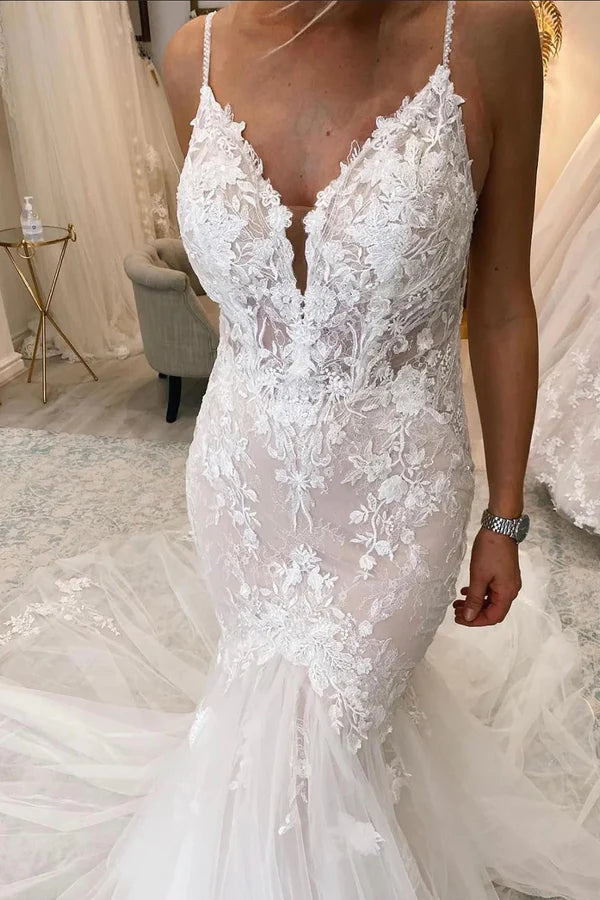Buyishang Stunning Mermaid V Neck Tulle Lace Wedding Dresses