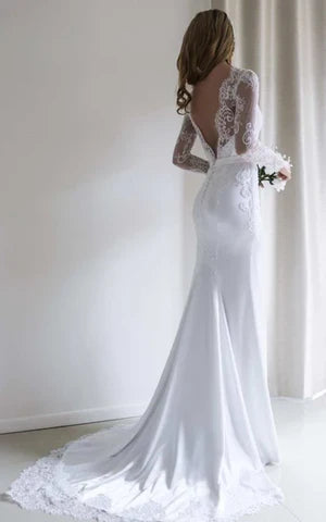 Buyishang Bateau Lace Long Sleeve Sheath Chiffon Wedding Dress With Sweep Train