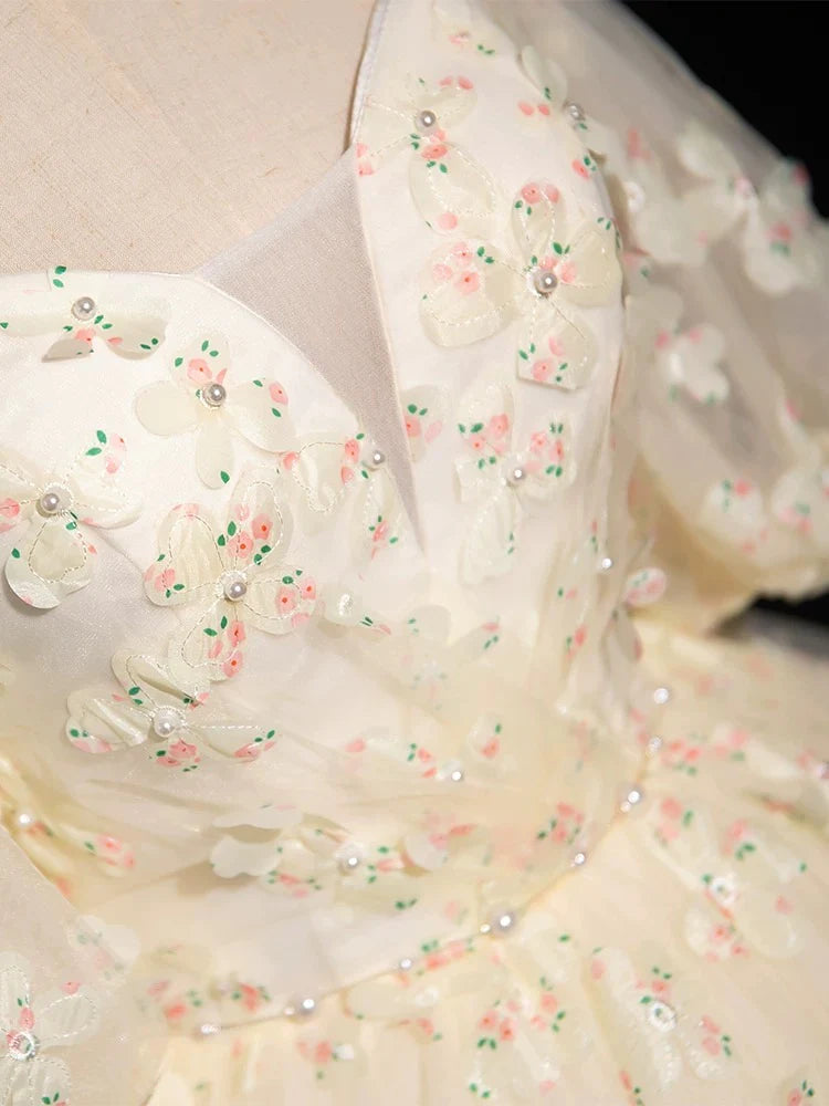 Buyishang A-Line Puff sleeves Tulle Lace Champagne Long Prom Dress Champagne Formal Dress