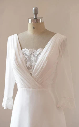 Buyishang A-Line Chiffon Lace White Satin Weddig Dress
