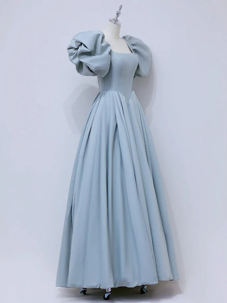 Buyishang A-Line Puff sleeves Long Blue Prom Dress Square Neckline Blue Long Formal Dress