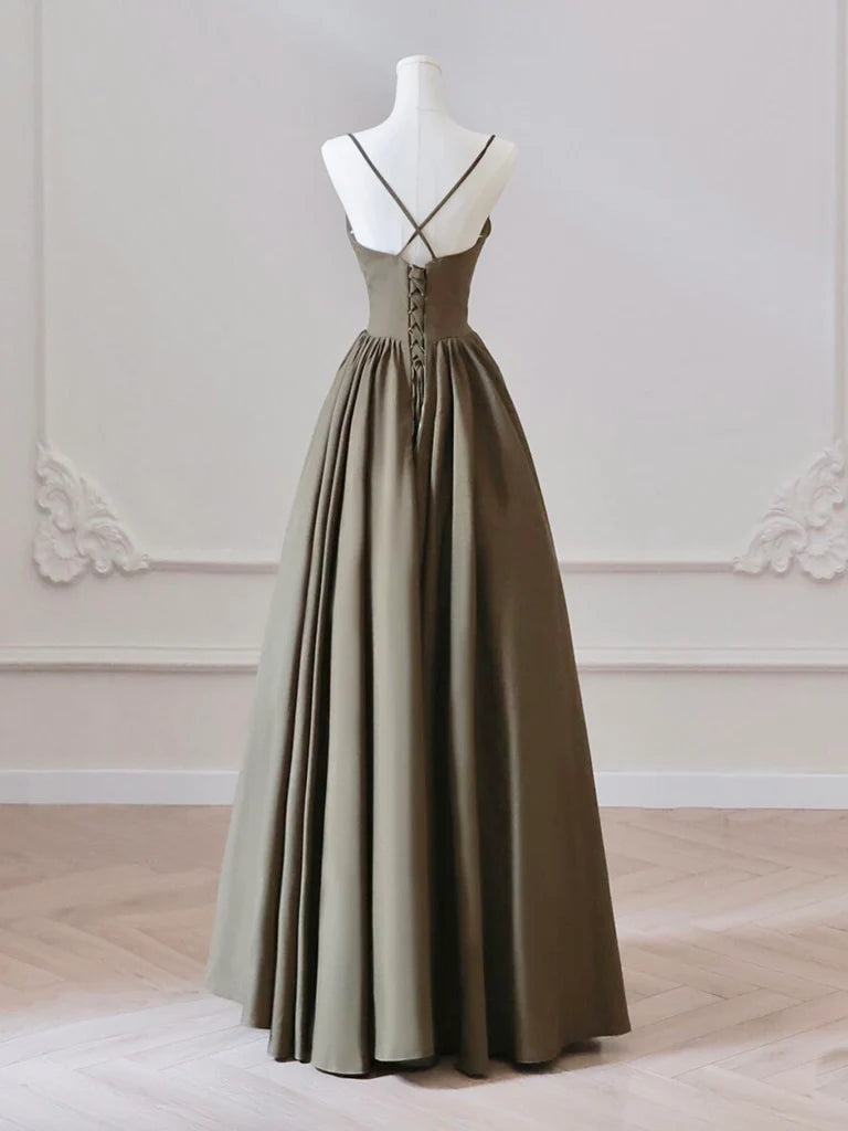 Buyishang A-Line V Neck Satin Olive Green Long Prom Dress Olive Green Long Formal Dress