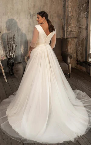 Buyishang Casual V-neck A Line Tulle Court Train Wedding Dress with Ruching