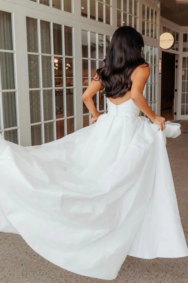 Buyishang A-Line White Satin Strapless Wedding Dresses with Slit