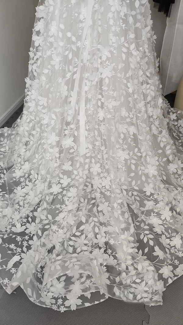 Buyishang Sexy Floral A-Line Boho Lace Sleeved Long Wedding Dress with Sweep Train