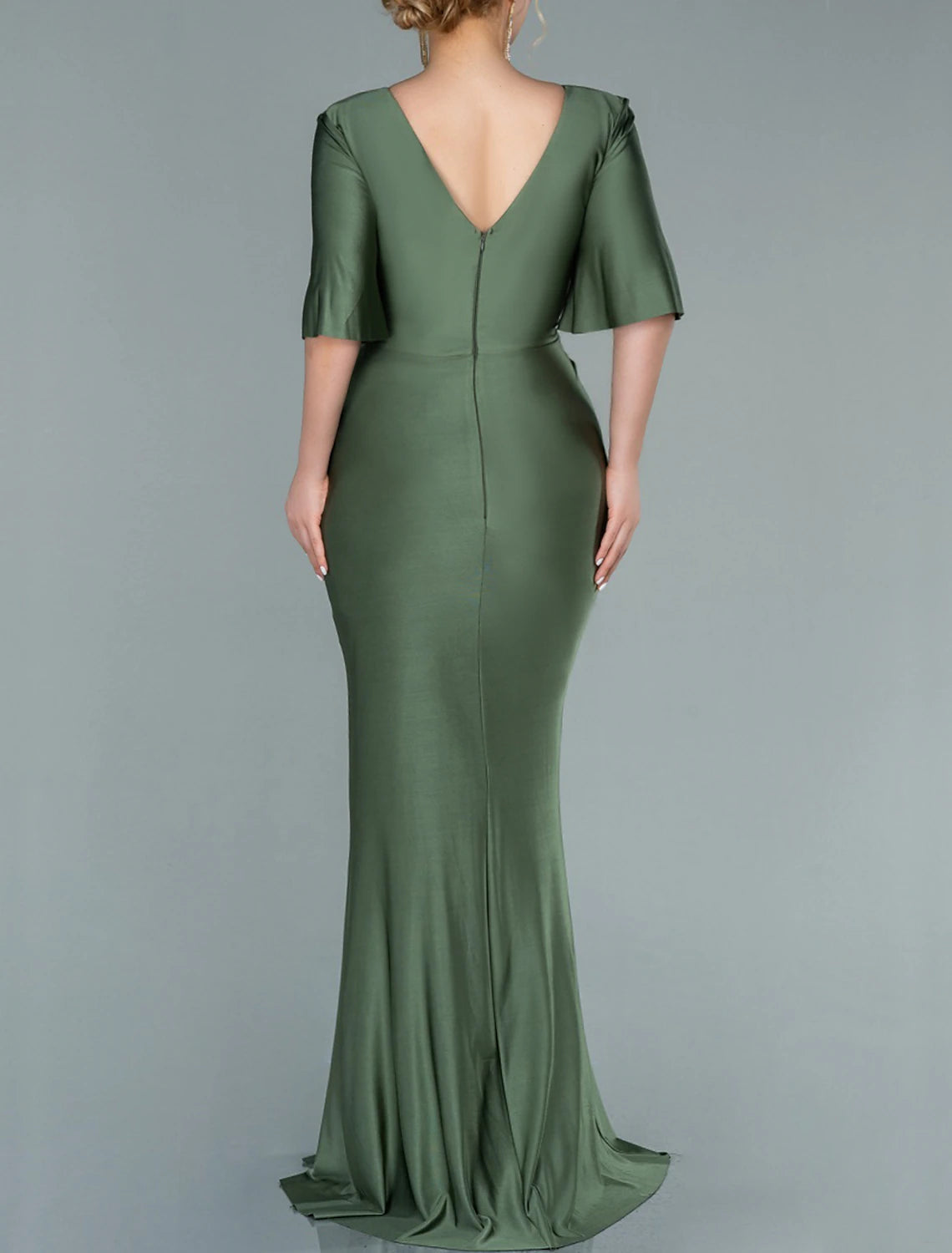 Mermaid / Trumpet Mother of the Bride Dress Wedding Guest Party Elegant V Neck Sweep / Brush Train Stretch Satin Imitated Silk Half Sleeve with Crystal Brooch Ruching